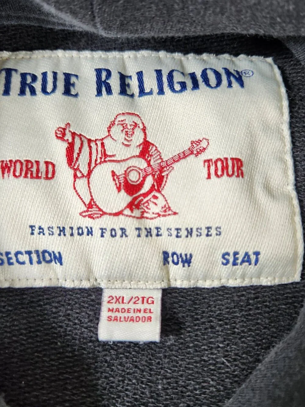 True Religion Sweatshirt Hoodie Mens Size 2XL Black with Blue Logo Print Pockets